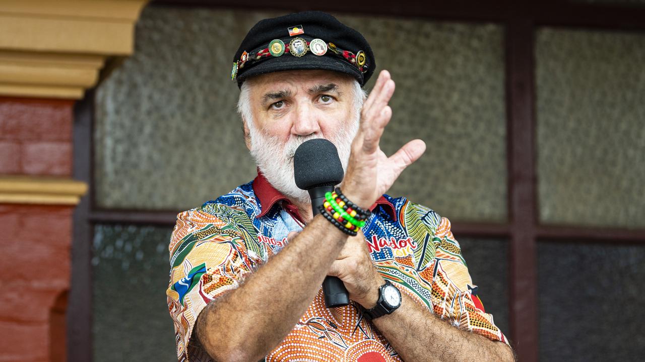 Pat Menz addresses the gathering before the Labour Day 2022 Toowoomba march, Saturday, April 30, 2022. Picture: Kevin Farmer