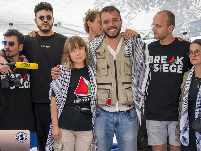 Greta Thunberg with part of the crew of the ship Madleen, shortly before departure for Gaza, during the press conference in San Giovanni Li Cuti in Catania, Italy. Picture: Getty Images