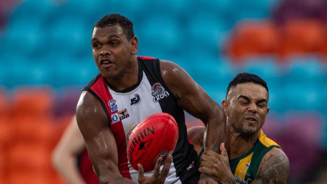 Roy George and Warwick Williams in the Southern Districts vs PINT 2023-24 NTFL men's elimination final. Picture: Pema Tamang Pakhrin