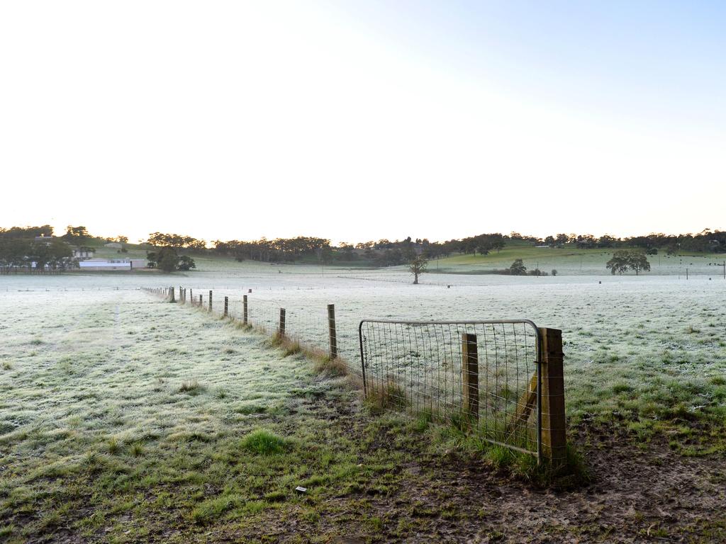 Frost over farmland at Meadows in the Adelaide Hills. Picture: Sam Wundke