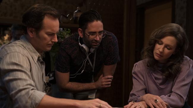 Patrick Wilson, director Michael Chaves and Vera Farmiga on the set of The Conjuring: the Devil Made Me Do It.