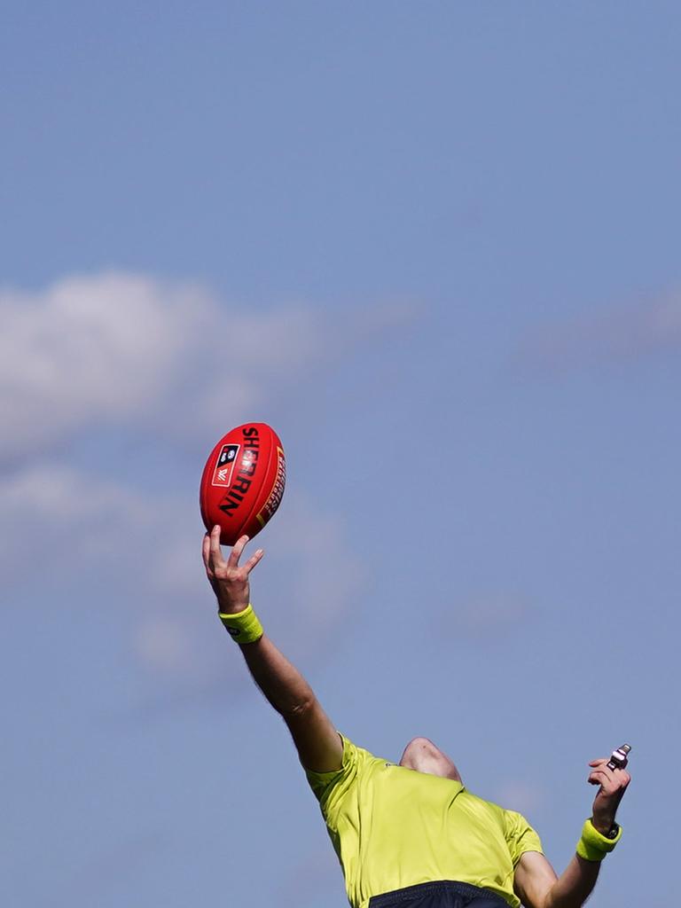 An umpire throws the ball back