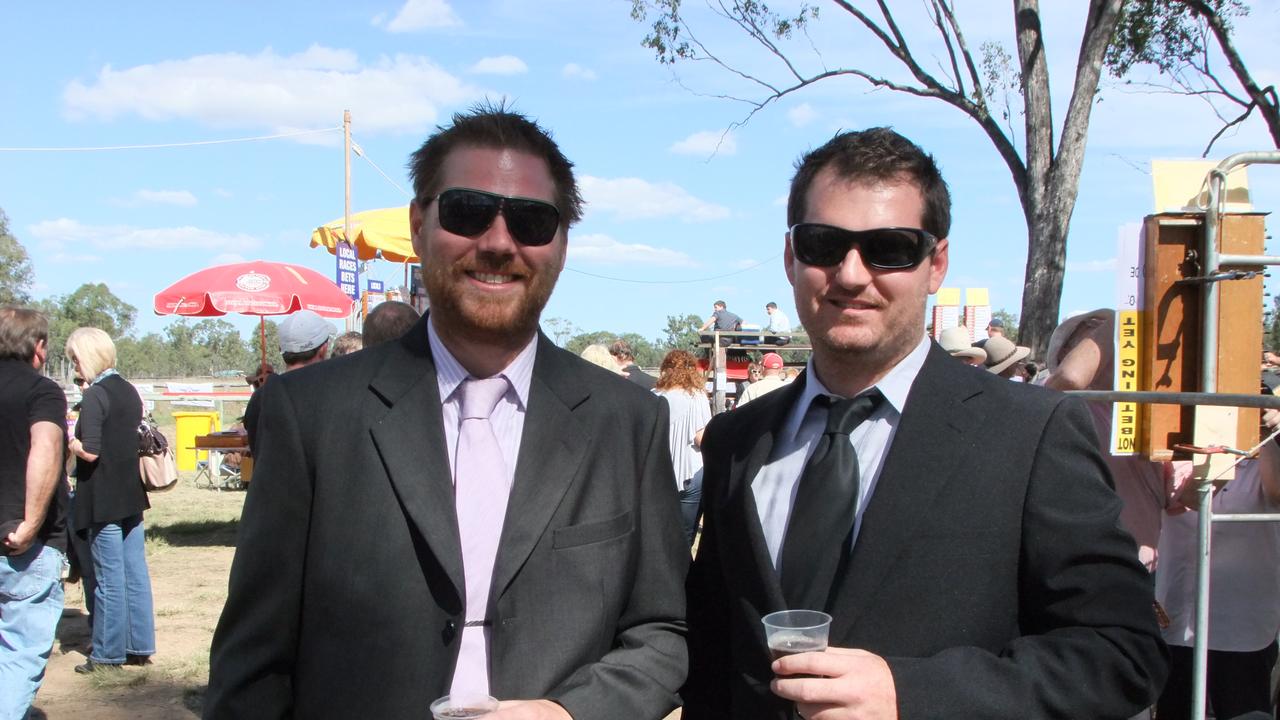 GREAT DAY: Kingaroy brothers Luke and Stuart Medcalf caught up at the Burrandowan races at the weekend. Photo Danielle Lowe / South Burnett Times