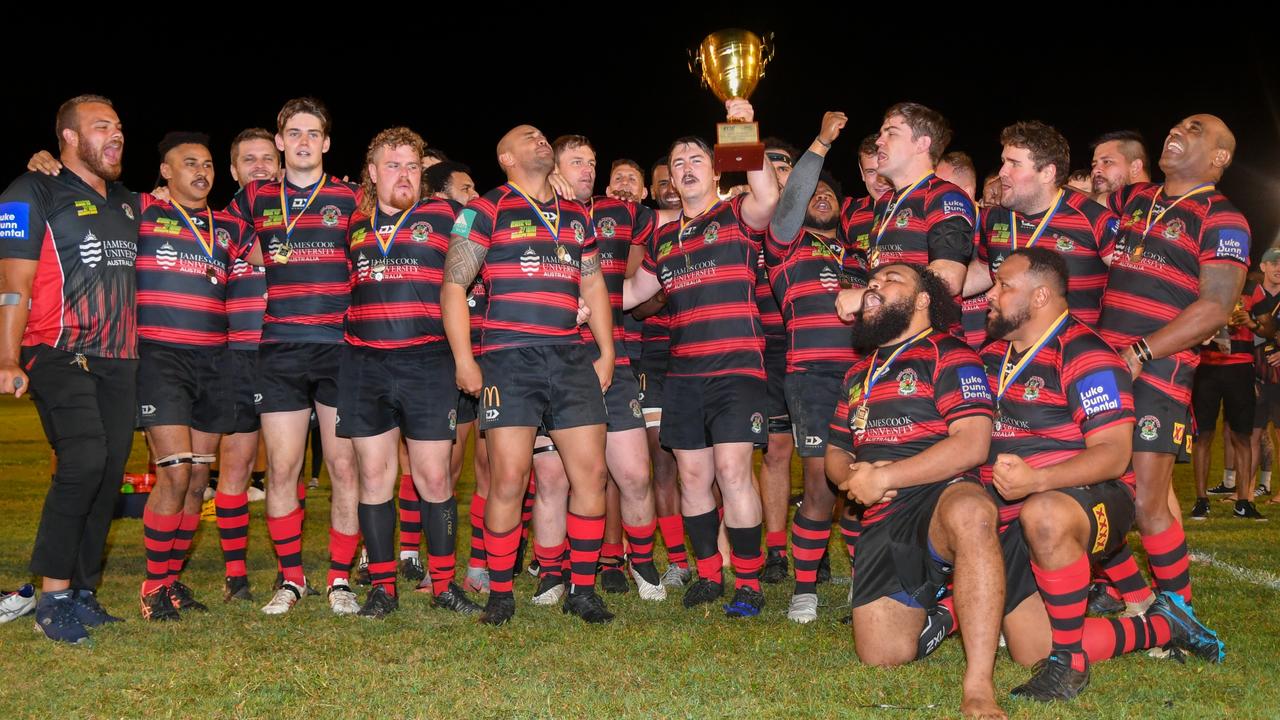 JCU Mariners celebrate a third straight Rainforestation Cup. FNQ Rugby grand final at Smithfield Sporting Complex. Picture: Vilimone Baleilevuka