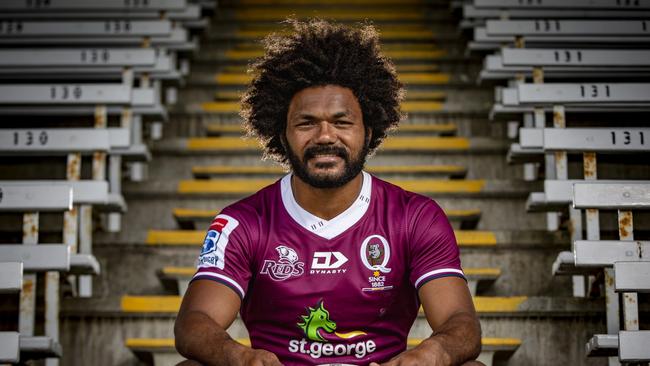 New wing signing Henry Speight shows off the new 2020 Queensland Reds playing jersey. Picture: Brendan Hertel