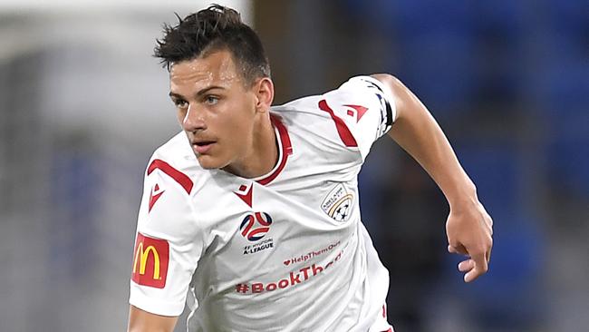 GOLD COAST, AUSTRALIA - JULY 19: Taras Gomulka of Adelaide United in action during the round 29 A-League match between the Brisbane Roar and Adelaide United at Cbus Super Stadium on July 19, 2020 on the Gold Coast, Australia. (Photo by Albert Perez/Getty Images)