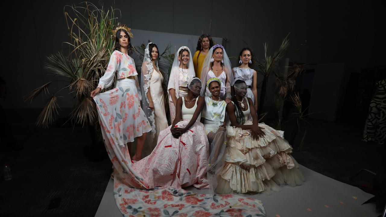 Designer Rowena Morgan with the wedding collection from the Broome-based women's art centre Nagula Jarndu at the 2024 Country to Couture show on Tuesday August 7. Picture: Zizi Averill