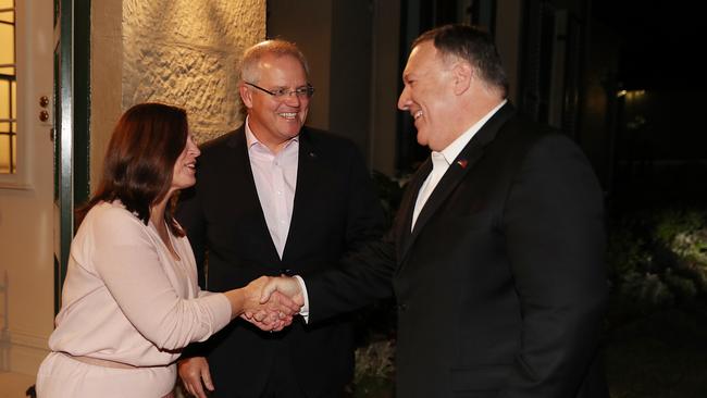 Prime Minister Scott Morrison with wife Jenny Morrison invited United States of America Secretary of State Michael Pompeo and his wife Susan for dinner at Kirribilli House in 2019. Picture: Adam Taylor /PMO