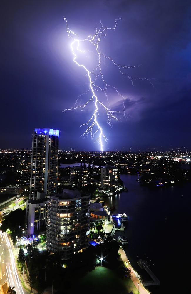 The severe storm warnings were cancelled by 7.30pm but not before an impressive lightning show over the Gold Coast. Picture: Nigel Hallett