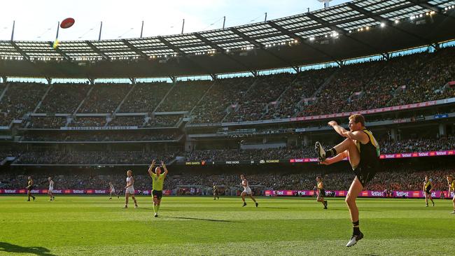 Richmond’s David Astbury kicks forward during the 2019 AFL Grand Final. Picture: Mark Stewart