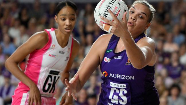 Firebird Donnell Wallam competes for the ball against the Adelaide Thunderbirds. Picture: Getty Images