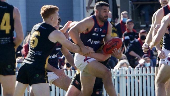 Norwood’s Paul Puopolo in action against Glenelg on Saturday. Picture: Ross Starkey.