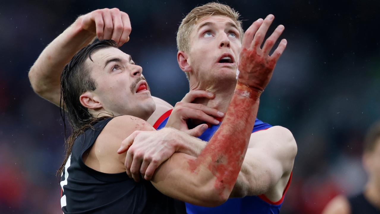 Sam Draper and Tim English battle in the ruck. Picture: Getty Images