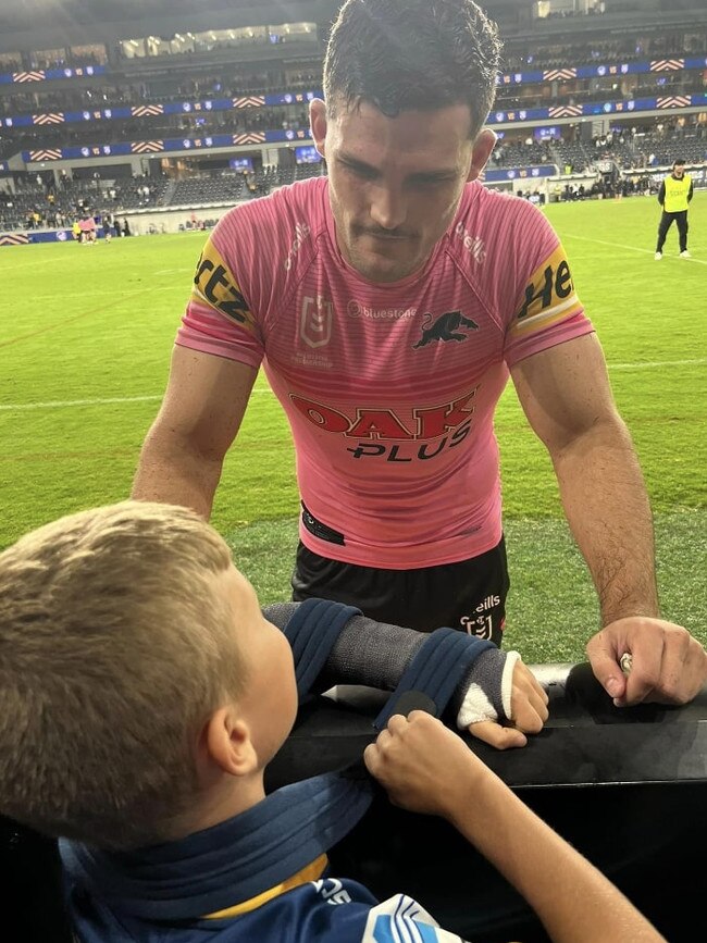 Nathan Cleary chats with a young Parramatta fan last week.