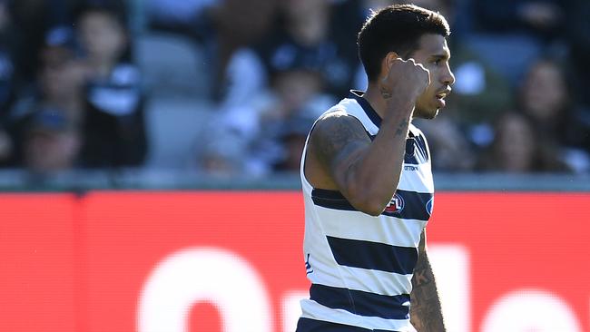 Tim Kelly celebrates a goal for Geelong.