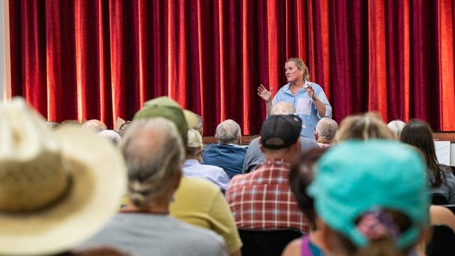 Katy McCullum organised a town hall with affected residents at Kilkivan. More than 100 people turned up to Kilkivan Town Hall in response to Powerlink's selected corridor of a transmission line from Borumba Dam to Woolooga Substation in late April. Picture: Christine Schindler