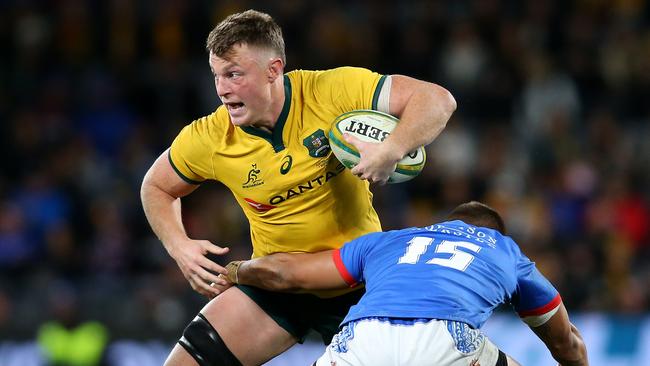 SYDNEY, AUSTRALIA - SEPTEMBER 07: Jack Dempsey of the Wallabies is tackled by Tim Nanai-Williams of Samoa during the International Test match between the Australian Wallabies and Manu Samoa at Bankwest Stadium on September 07, 2019 in Sydney, Australia. (Photo by Jason McCawley/Getty Images)