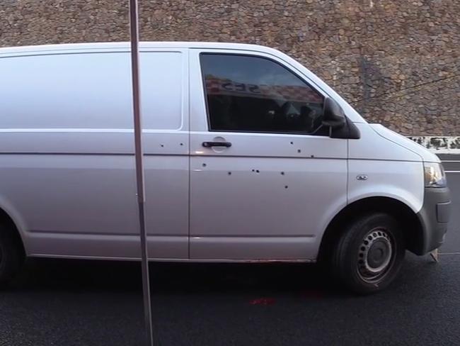 Police video captures a van riddled with bullet holes after freeway execution of fruiterer Paul Virgona on EastLink. Picture: Victorian Supreme Court