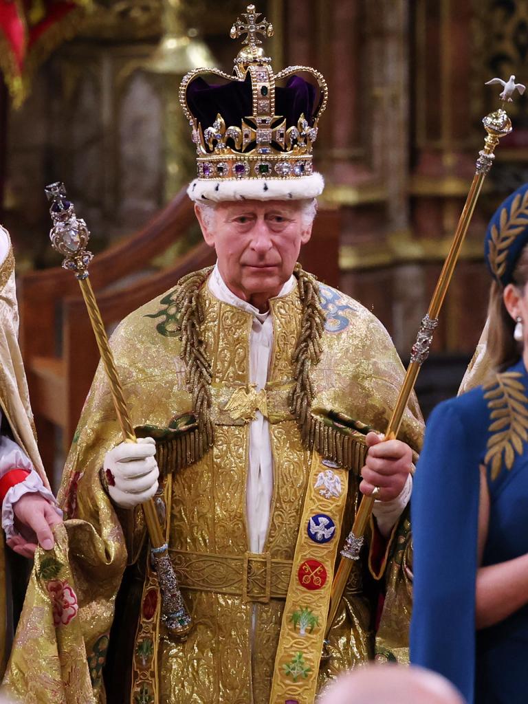 King Charles III stands after being crowned during his coronation ceremony. Picture: Getty Images