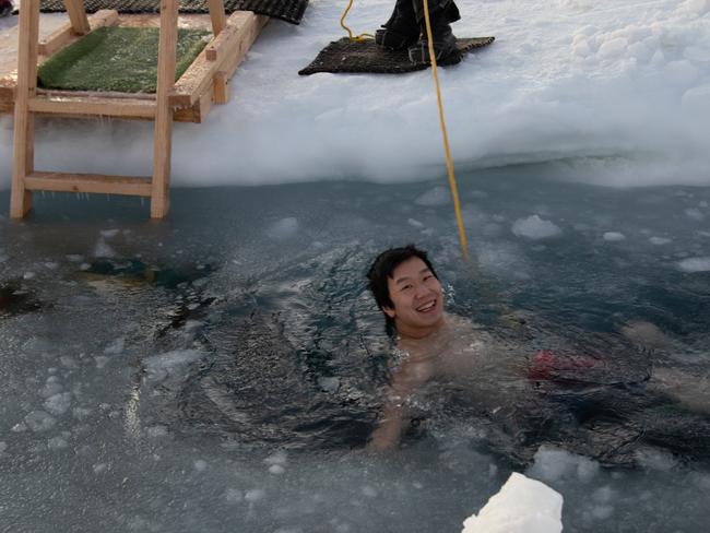 Mawson Station medical practitioner Dr David Tian plays it cool after plunging into freezing water at Horseshoe Harbour. Picture: Troy Henderson