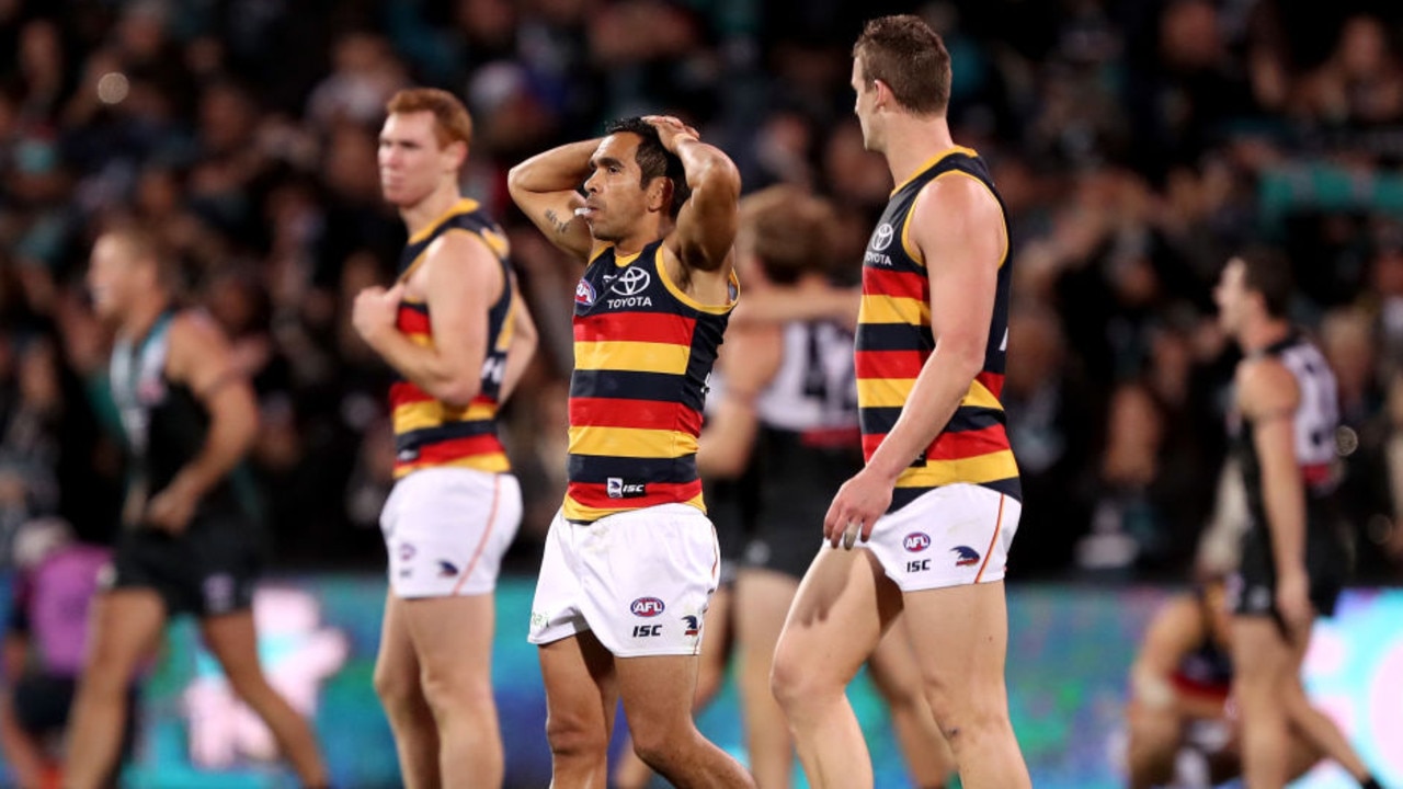 ADELAIDE, AUSTRALIA - MAY 12: Eddie Betts and Josh Jenkins of the Crows after their loss during the 2018 AFL round eight match between the Port Adelaide Power and the Adelaide Crows at Adelaide Oval on May 12, 2018 in Adelaide, Australia. (Photo by James Elsby/AFL Media/Getty Images)