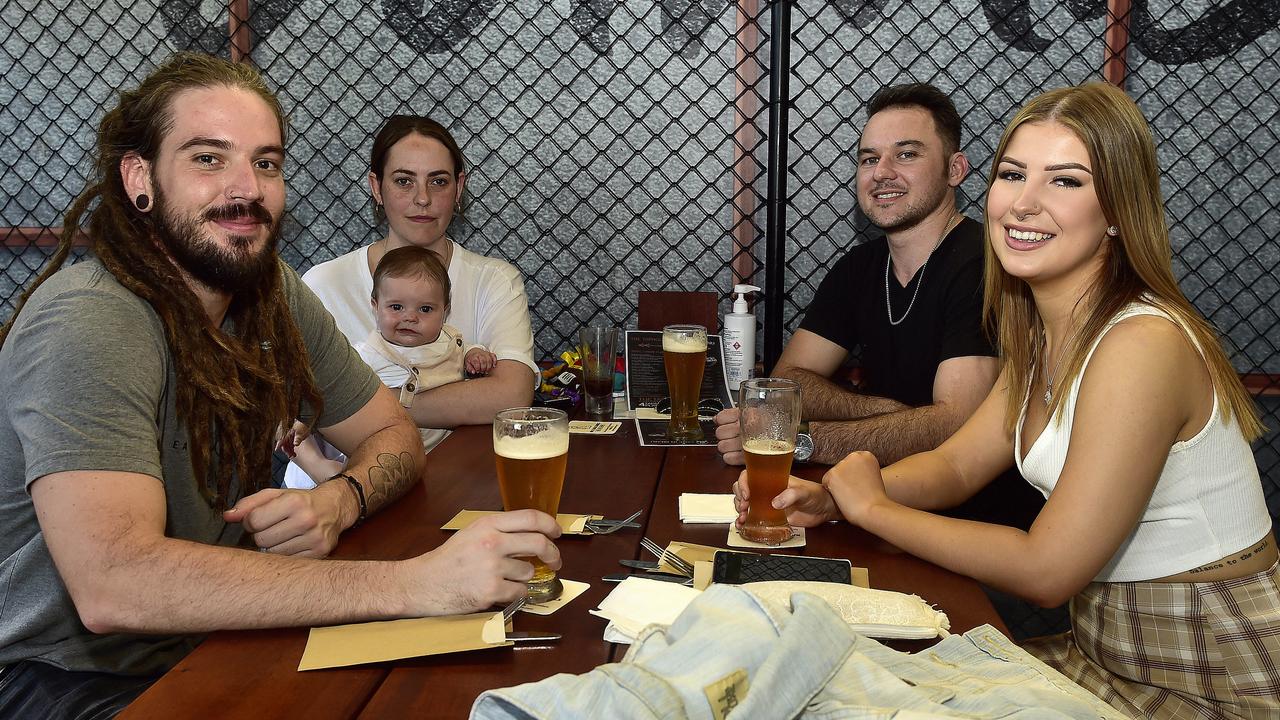 Aaron Henderson, Kattie Stone with Eloise, Dan Kerney and Kaitlyn Rayner at Taphouse. Local residents and tourists are supporting the hospitality industry as Covid-19 restrictions slowly lift. PICTURE: MATT TAYLOR.