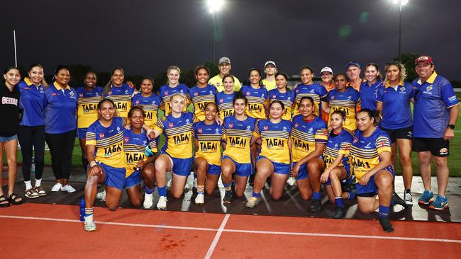 The Cairns Kangaroos celebrate winning the Far North Queensland Rugby League (FNQRL) women's grand final match against the Atherton Roosters at Barlow Park. Picture: Brendan Radke