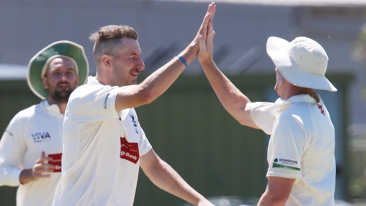 Luke Wilson celebrates a wicket against North Geelong. Picture: Mark Wilson