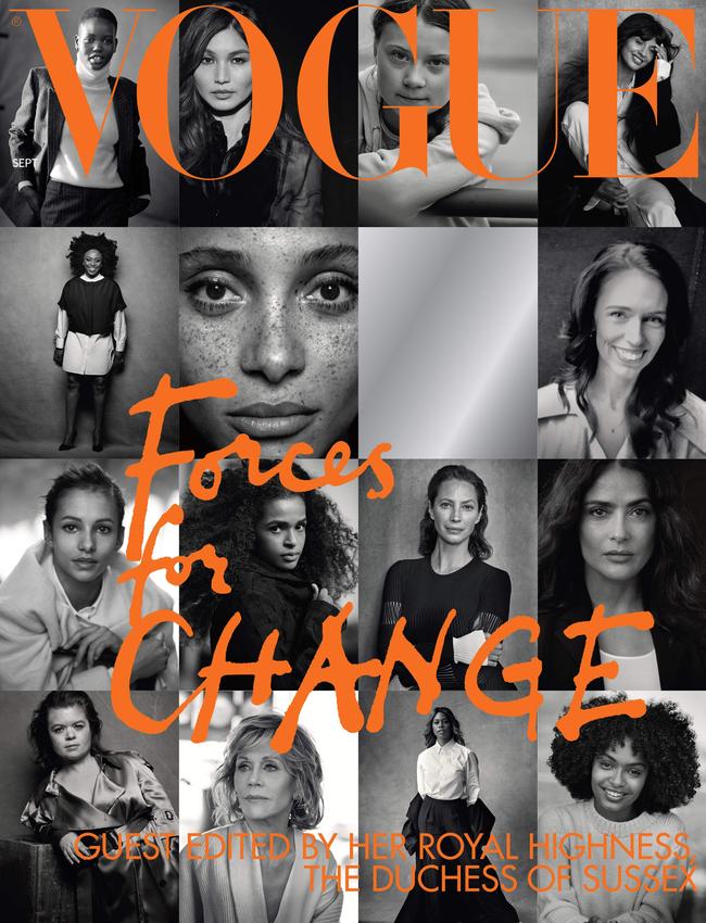 Fifteen women appeared on the cover of Vogue’s ‘Forces for Change’ issue, which was guest edited by Meghan Markle. Picture: Vogue/AFP