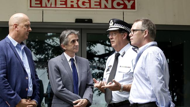 CEO of Clubs Queensland Doug Flockhart speaks with Queensland Tourism Industry Council CEO Daniel Gschwind, Police Commissioner Ian Stewart, and representative of the Australasian College for Emergency Medicine Dr Paul Cullen. PICTURE: ANNA ROGERS