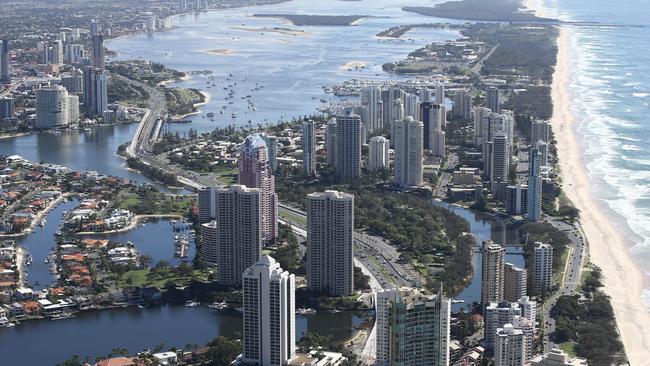 Gold Coast skyline aerials of Surfers Paradise and Main Beach to South Stradbroke Island. Picture: David Clark.