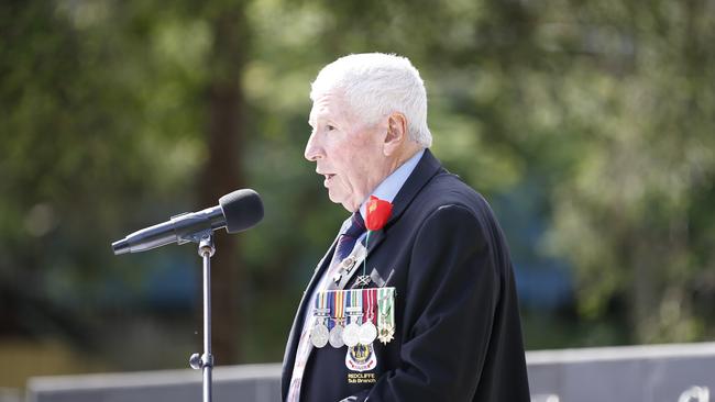 Neville Cullen, President, Redcliffe RSL speaks during the Redcliffe Cemetery Service organised by Redcliffe RSL, Redcliffe, Sunday, April 14, 2019. PHOTO: AAP/Regi Varghese