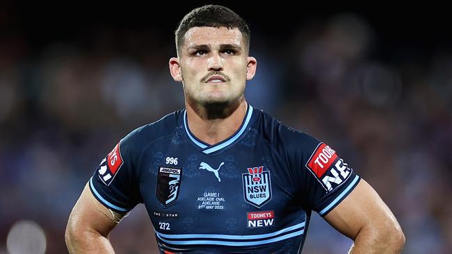 ADELAIDE, AUSTRALIA - MAY 31: Nathan Cleary of the Blues looks on during game one of the 2023 State of Origin series between the Queensland Maroons and New South Wales Blues at Adelaide Oval on May 31, 2023 in Adelaide, Australia. (Photo by Cameron Spencer/Getty Images)