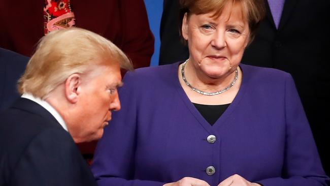 Donald Trump and Angels Merkel at the NATO summit in London last Decmenr. Picture: AFP