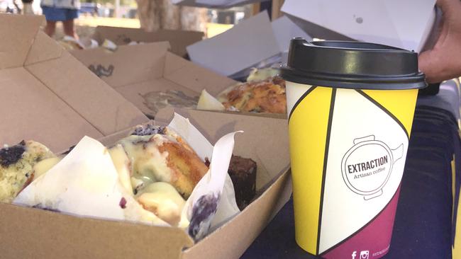 Coffee and muffins delivered by drone to a park in Crestmead. PHOTOS: JUDITH KERR