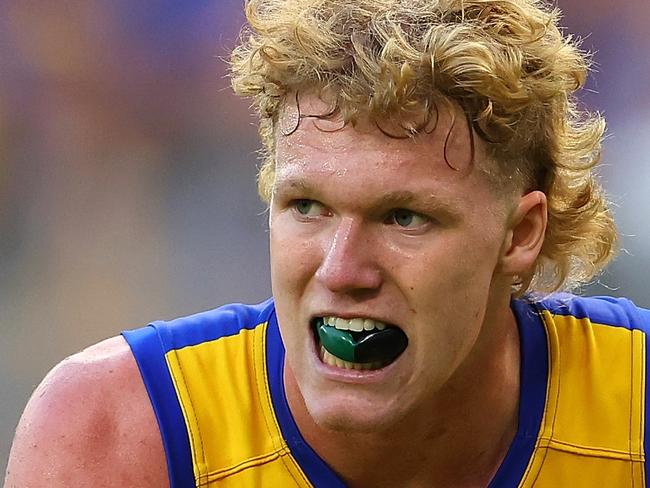 PERTH, AUSTRALIA - MARCH 26: Reuben Ginbey of the Eagles in action during the round two AFL match between West Coast Eagles and Greater Western Sydney Giants at Optus Stadium, on March 26, 2023, in Perth, Australia. (Photo by Paul Kane/Getty Images)