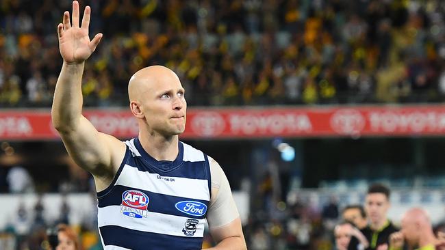 Gary Ablett farewells the crowd at the Gabba. Picture: Getty Images