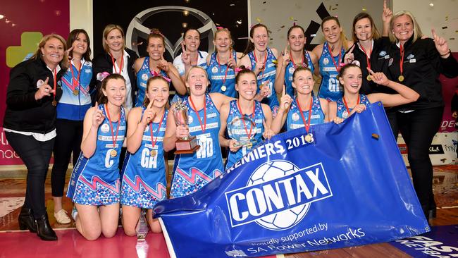 Contax celebrates winning the 2018 Premier League netball grand final. Picture: Naomi Jellicoe