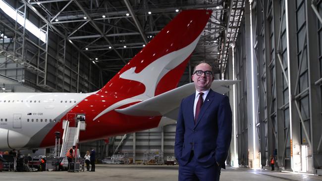 Qantas CEO Alan Joyce with a newly refurbished A380. Picture: David Swift.