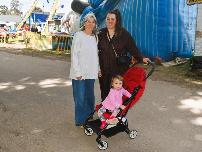 Attendees enjoying the 159th Sale Agricultural Show at the Sale Showgrounds on Friday, November 01, 2024: Linda James, Paris and Elle James. Picture: Jack Colantuono