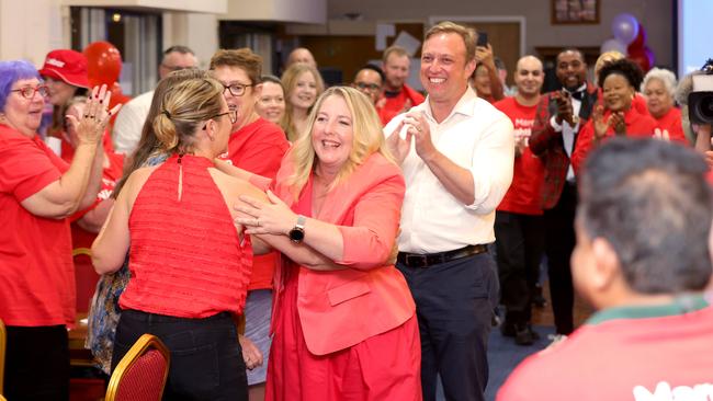 Inala Labor candidate Margie Nightingale with Premier Steven Miles at the Durack Inala Bowls Club on Saturday night.  Picture: Steve Pohlner