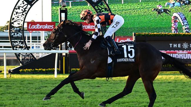 Fawkner Park surged into Caulfield Cup contention with a dominant win in The Q22 for jockey Tyler Schiller and trainer Annabel Neasham. Picture: Grant Peters/ Trackside Photography