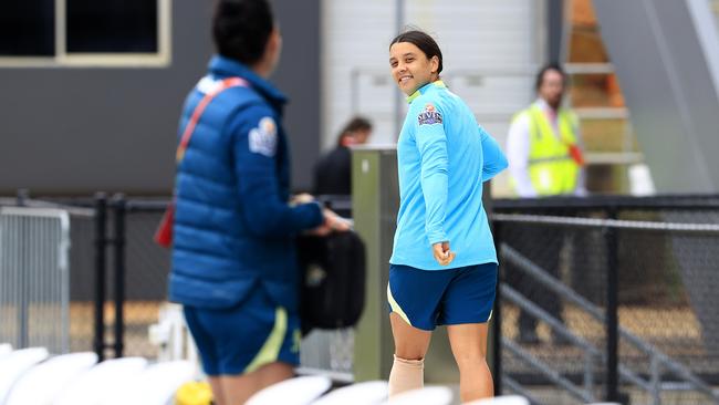 Sam Kerr sits out as the Australian Matildas 2023 World Cup Soccer squad train at QSAC stadium in Brisbane. Pics Adam Head