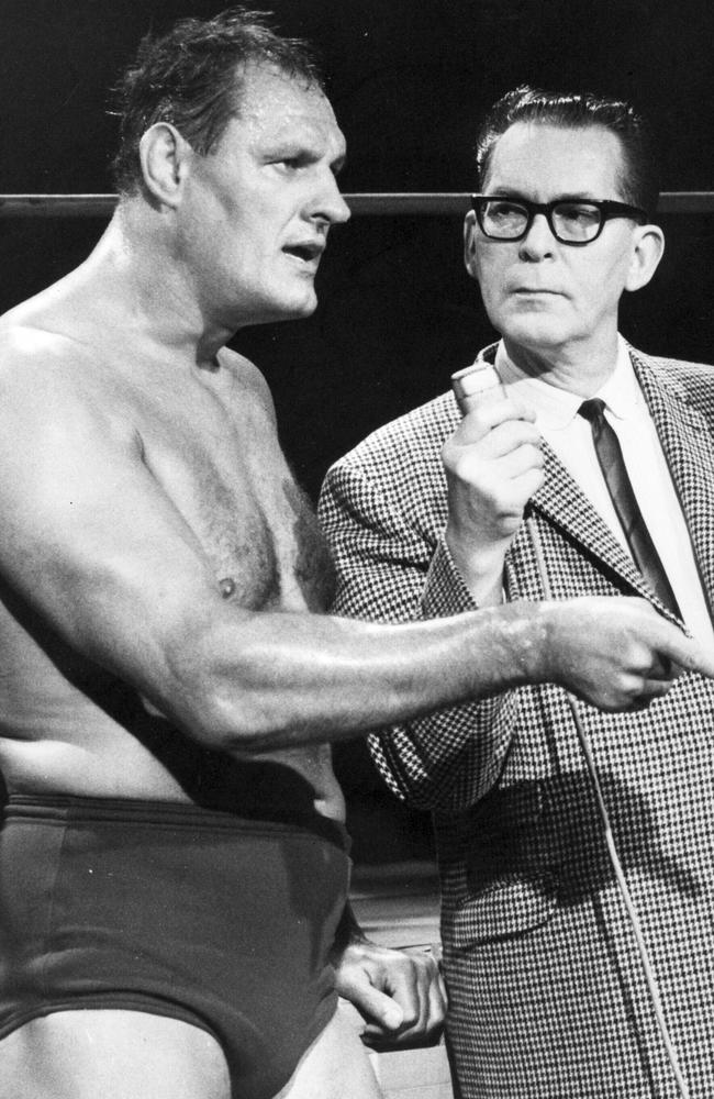 1965. Wrestler Killer Kowalski with broadcaster Jack Little of GTV-9‘s World Championship Wrestling. Picture: News Corp Australia