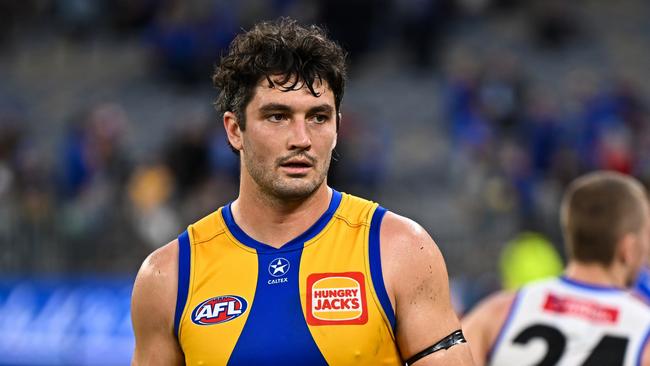 PERTH, AUSTRALIA – JUNE 08: Tom Barrass of the Eagles unhappy after the loss during the 2024 AFL Round 12 match between the West Coast Eagles and the North Melbourne Kangaroos at Optus Stadium on June 08, 2024 in Perth, Australia. (Photo by Daniel Carson/AFL Photos via Getty Images)