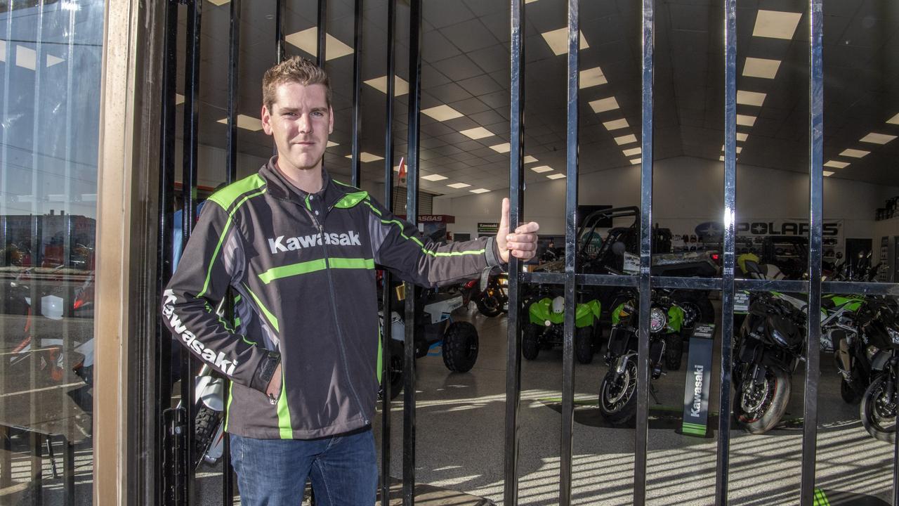 Kerrod Morrissy said a sturdy set of steel bars twice saved his family’s business, Queensland Bike &amp; 4WD, from thieves. Picture: Nev Madsen.