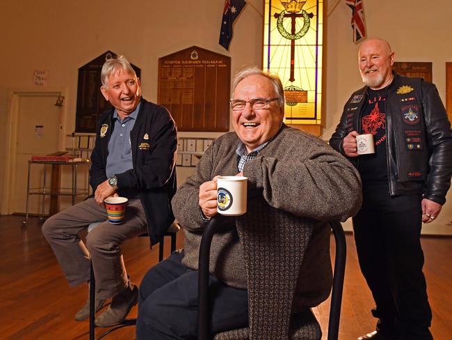 Plympton RSL members Tich Tyson, Bill Hignett and Graham ‘Ruddy’ Rudd get ready for reopening.. Picture: Tom Huntley