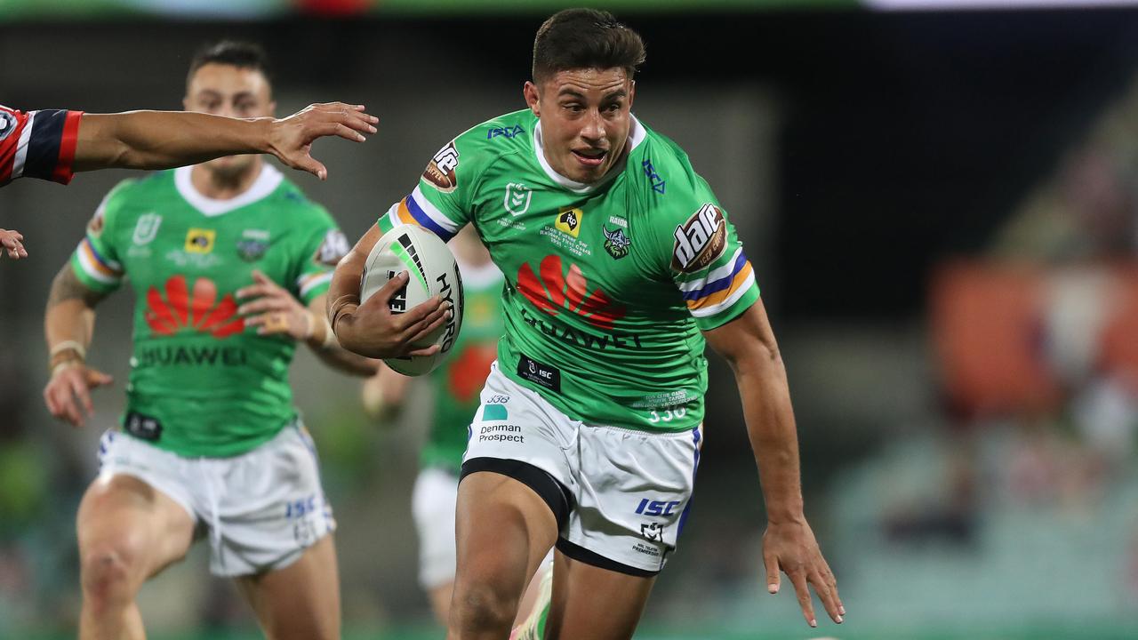 Joseph Tapine scored a remarkable solo try against the Roosters. Picture: Brett Costello