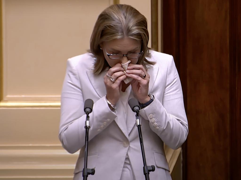 Premier Jacinta Allan breaks down during her apology to Victorians who experienced historical abuse and neglect as children in institutional care.