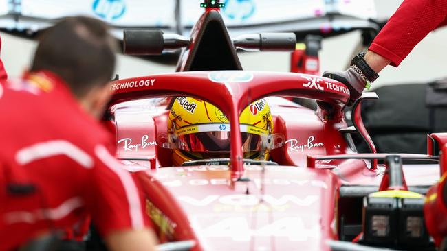 Ferrari F1 driver Lewis Hamilton makes a pitstop during day one of testing at Bahrain International Circuit this week. Picture: Getty Images